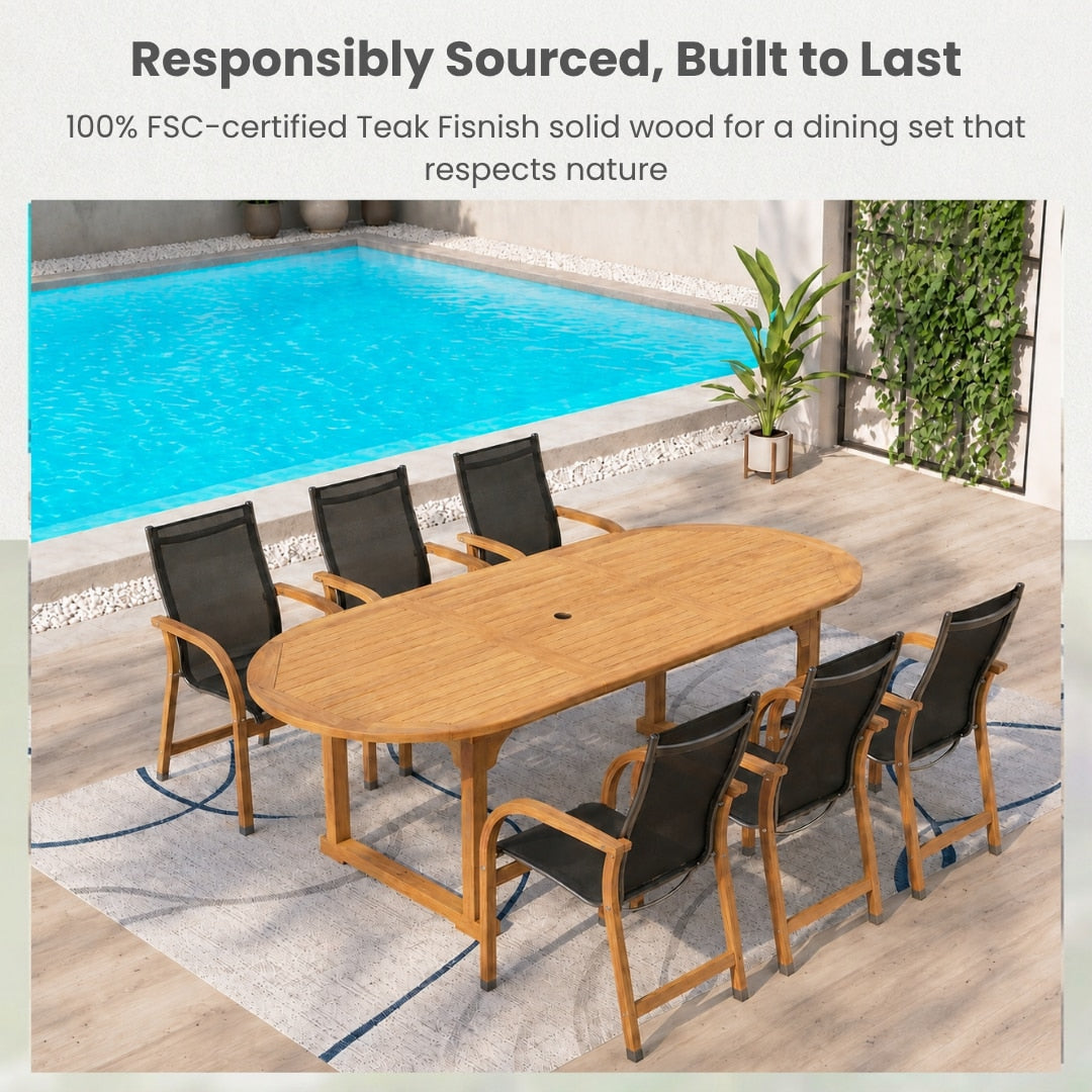 Amazonia International Home 7-Piece Black Patio Dining Set Extendable Table Wood Oval Table with 6 Black Stationary Chairs