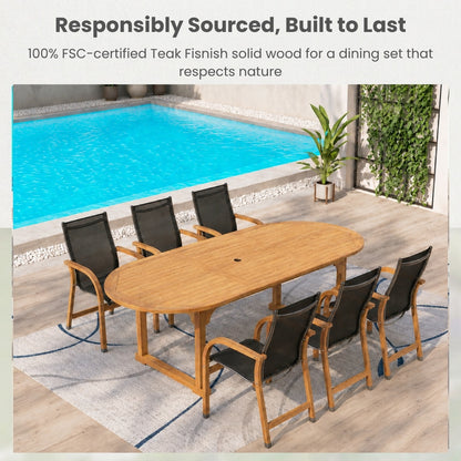 Amazonia International Home 7-Piece Black Patio Dining Set Extendable Table Wood Oval Table with 6 Black Stationary Chairs