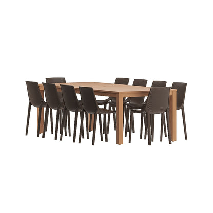 Amazonia International Home 11-Piece Light Wood Finish Patio Dining Set Wood Rectangle Table with 10 Stackable Stationary Chairs