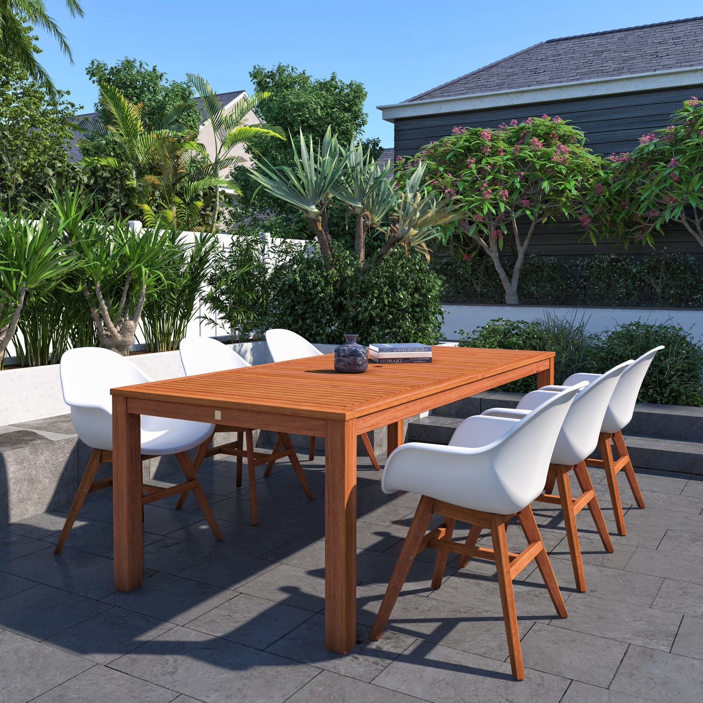 Amazonia Outdoor 7-Piece White Patio Dining Set Wood Rectangle Table with 6 Stationary Chairs