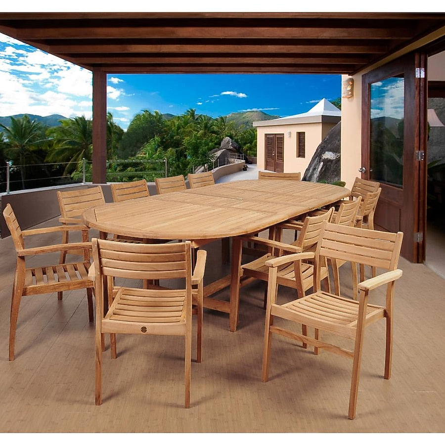 Amazonia Teak 13 -Piece Perma Patio Dining Set Extendable Table Wood Oval Table with 12 Stationary Chairs