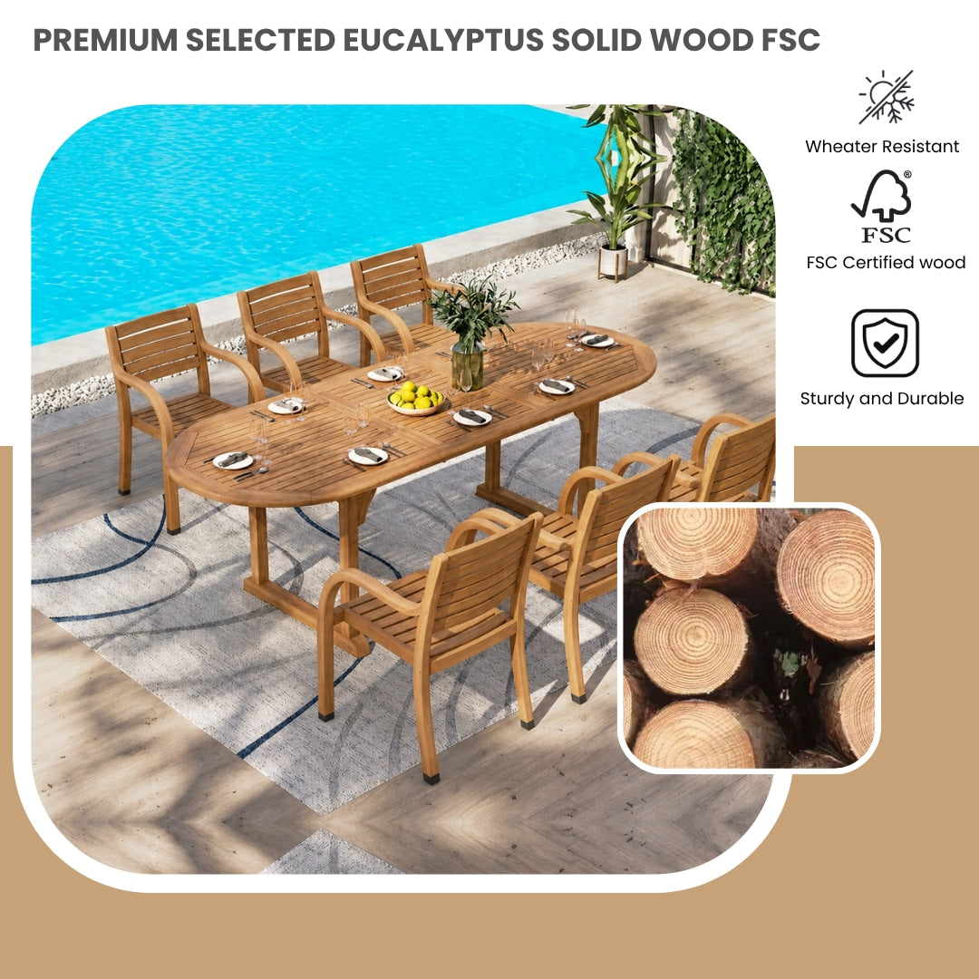 Amazonia Outdoor 7-Piece Natural Patio Dining Set Extendable Table Wood Oval Table with 6 Stackable Stationary Chairs
