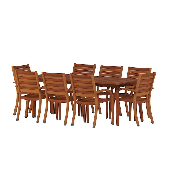 Amazonia 9 -Piece Wood finish Patio Dining Set Wood Rectangle Table with 8 Brown Stationary Chairs