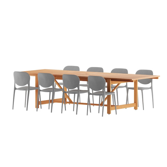Amazonia Outdoor 9 -Piece Brown Patio Dining Set Extendable Table Wood Rectangle Table with 8 Stackable Stationary Chairs