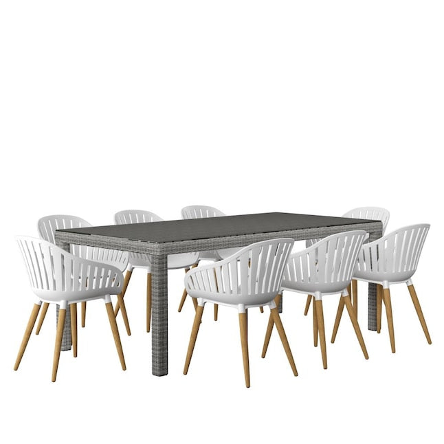 Amazonia 9-Piece Grey Wicker Patio Dining Set Wicker Rectangle Table with 8 Stationary Chairs