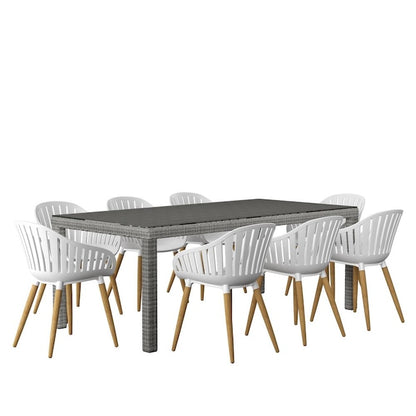 Amazonia 9-Piece Grey Wicker Patio Dining Set Wicker Rectangle Table with 8 Stationary Chairs