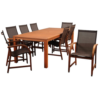 Amazonia Outdoor Eucalyptus 9 -Piece Brown Patio Dining Set Wood Rectangle Table with 8 Brown Stationary Chairs