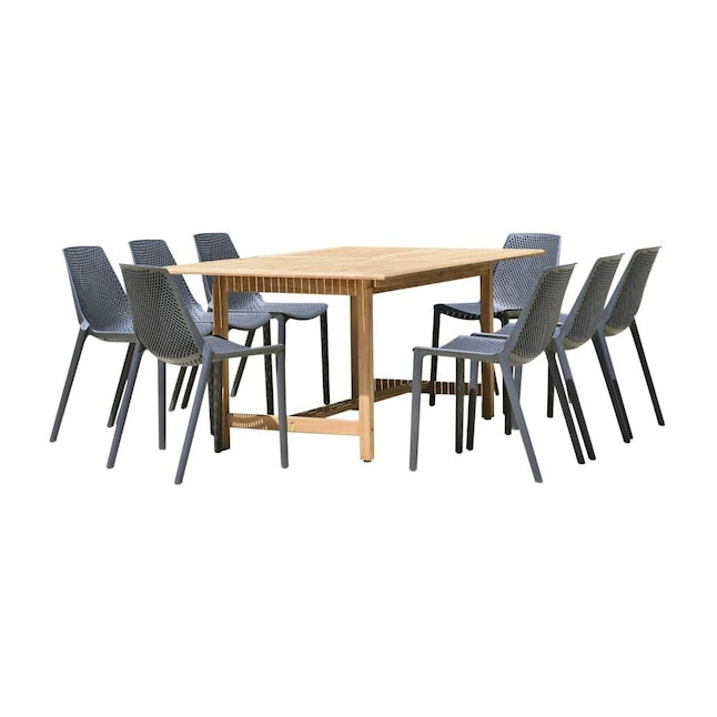 Amazonia Outdoor 9 -Piece Gray Patio Dining Set Extendable Table Teak Rectangle Table with 8 Stackable Stationary Chairs