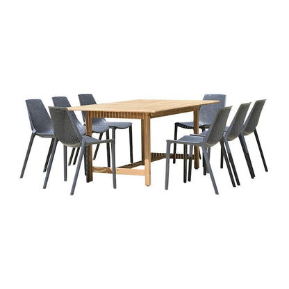 Amazonia Outdoor 9 -Piece Gray Patio Dining Set Extendable Table Teak Rectangle Table with 8 Stackable Stationary Chairs
