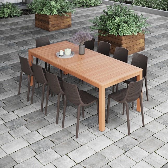 Amazonia International Home 11-Piece Light Wood Finish Patio Dining Set Wood Rectangle Table with 10 Stackable Stationary Chairs