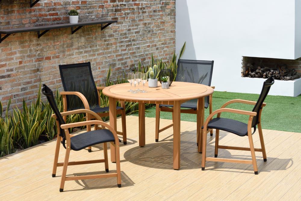 Amazonia Outdoor 5-Piece Black Patio Dining Set Wood Round Table with 4 Stationary Chairs