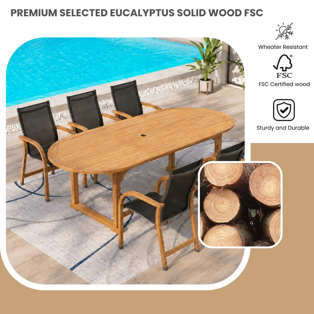 Amazonia International Home 7-Piece Black Patio Dining Set Extendable Table Wood Oval Table with 6 Black Stationary Chairs
