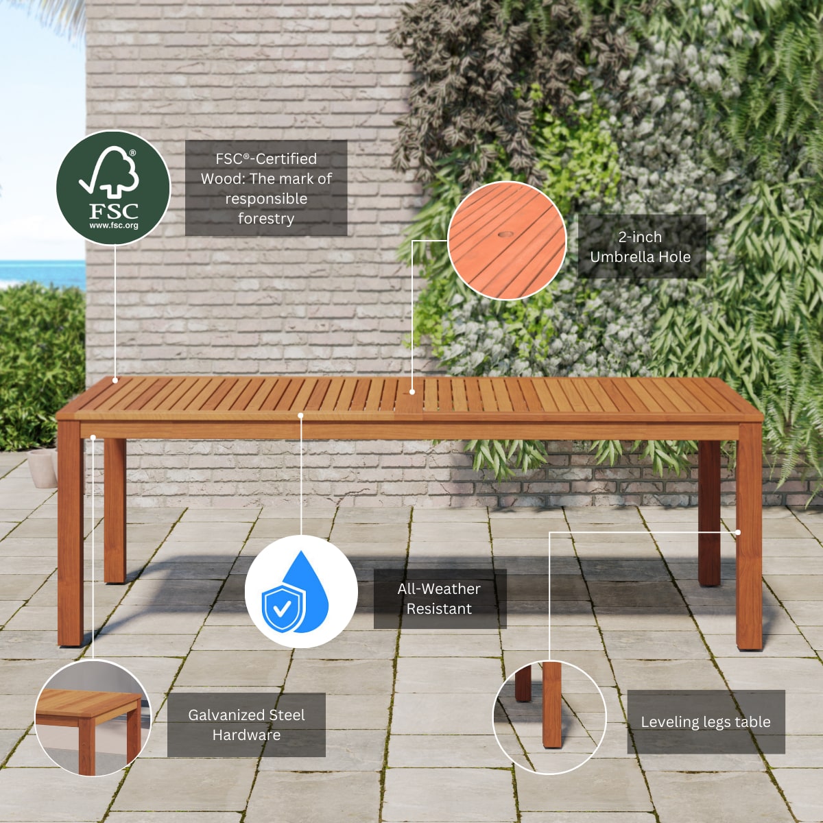 Amazonia Outdoor 7-Piece White Patio Dining Set Wood Rectangle Table with 6 Stationary Chairs