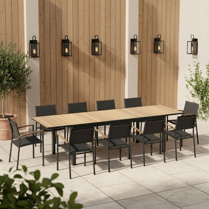 Amazonia 11-Piece Black Patio Dining Set Extendable Table Wood Rectangle Table with 10 Black Stackable Stationary and Motion Chairs