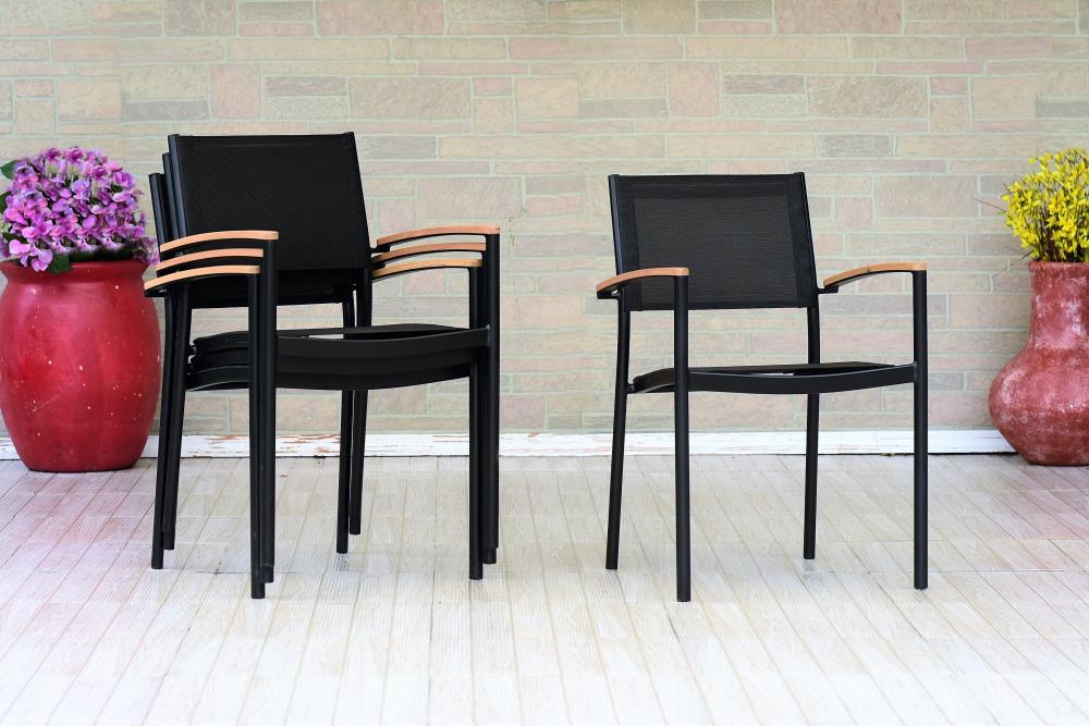 Amazonia Eucalyptus Set of 4 Stackable Teak Finish Eucalyptus Frame Stationary Conversation Chair with Black Solid Seat