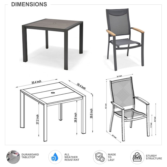 Amazonia 5-Piece Gray Patio Dining Set Aluminum Square Table with 4 Gray Stationary Chairs