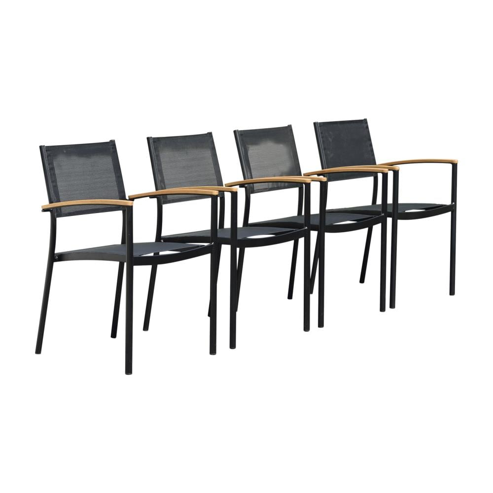 Amazonia Eucalyptus Set of 4 Stackable Teak Finish Eucalyptus Frame Stationary Conversation Chair with Black Solid Seat
