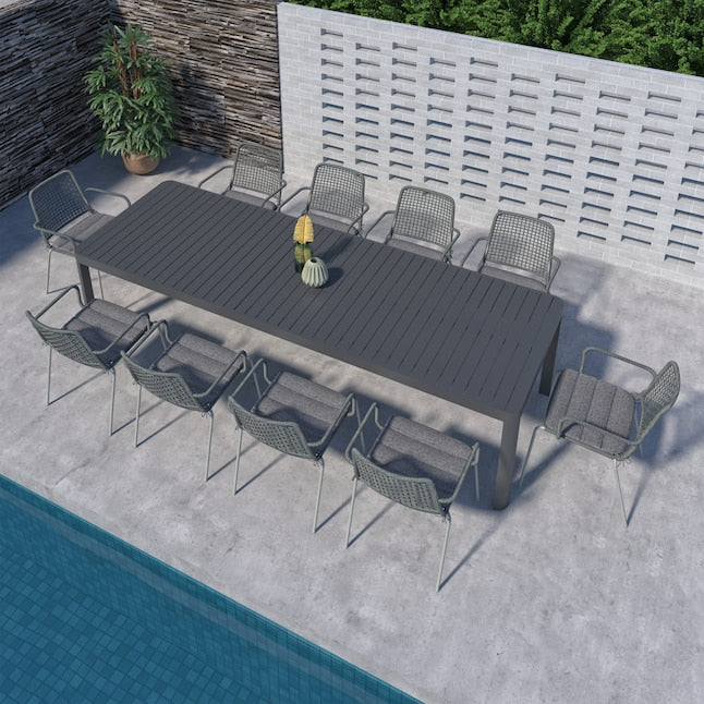 Amazonia 11-Piece Gray Patio Dining Set Extendable Table Aluminum Rectangle Table with 10 Stationary and Motion Chairs