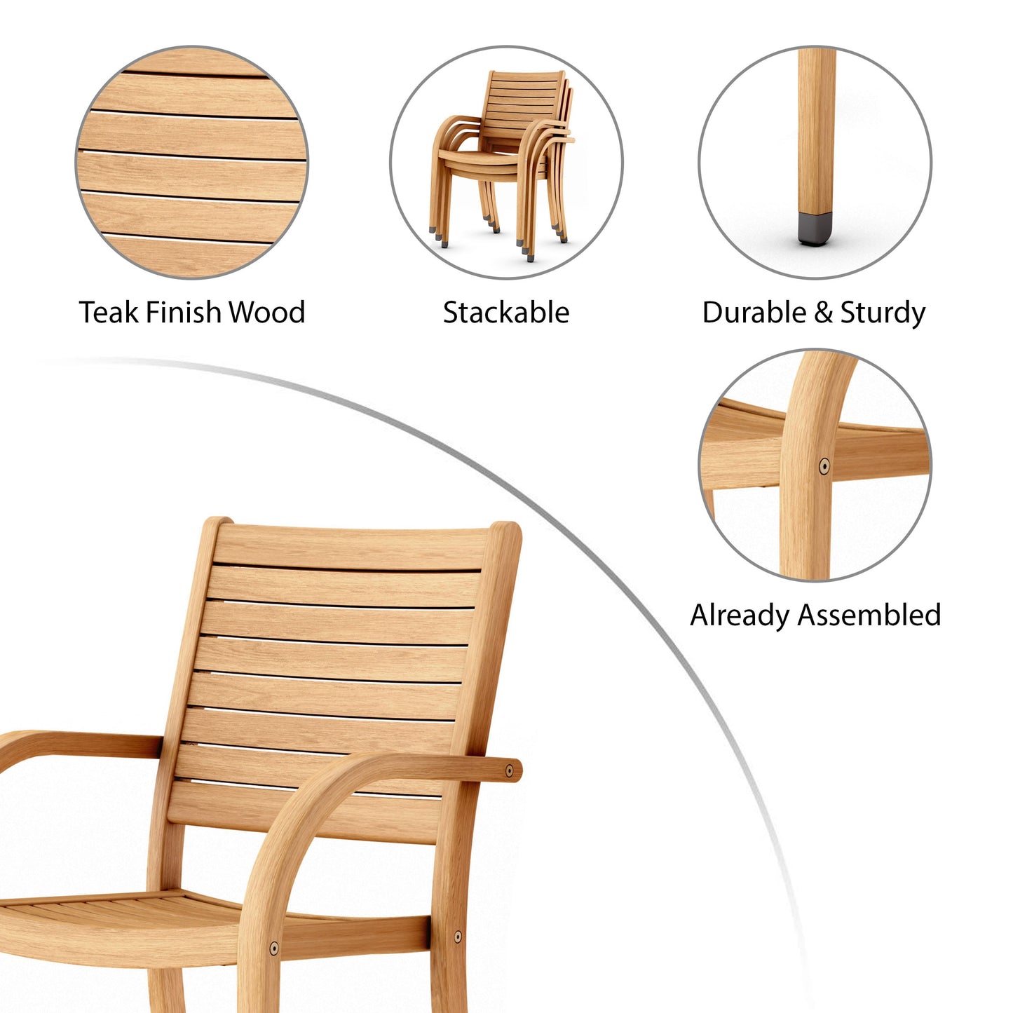 Amazonia Euca 5-Piece Wood Patio Dining Set Wood Round Table with 4 Stackable Stationary Chairs