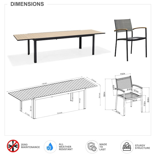 Amazonia 11-Piece Black Patio Dining Set Extendable Table Wood Rectangle Table with 10 Black Stackable Stationary and Motion Chairs