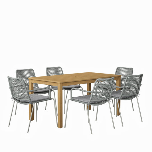 Rituals Patio Set | Teak Finish, 7-Piece Rectangular Outdoor Dining, FSC Eucalyptus Wood, Grey