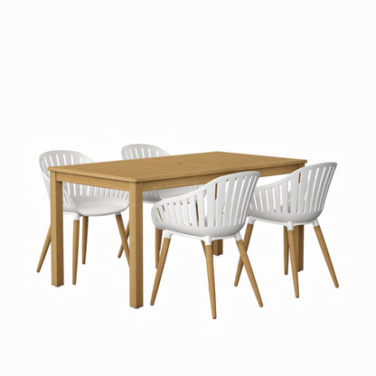 Nature Patio Set | Teak Finish, Rectangular Outdoor Dining, 5-Piece White