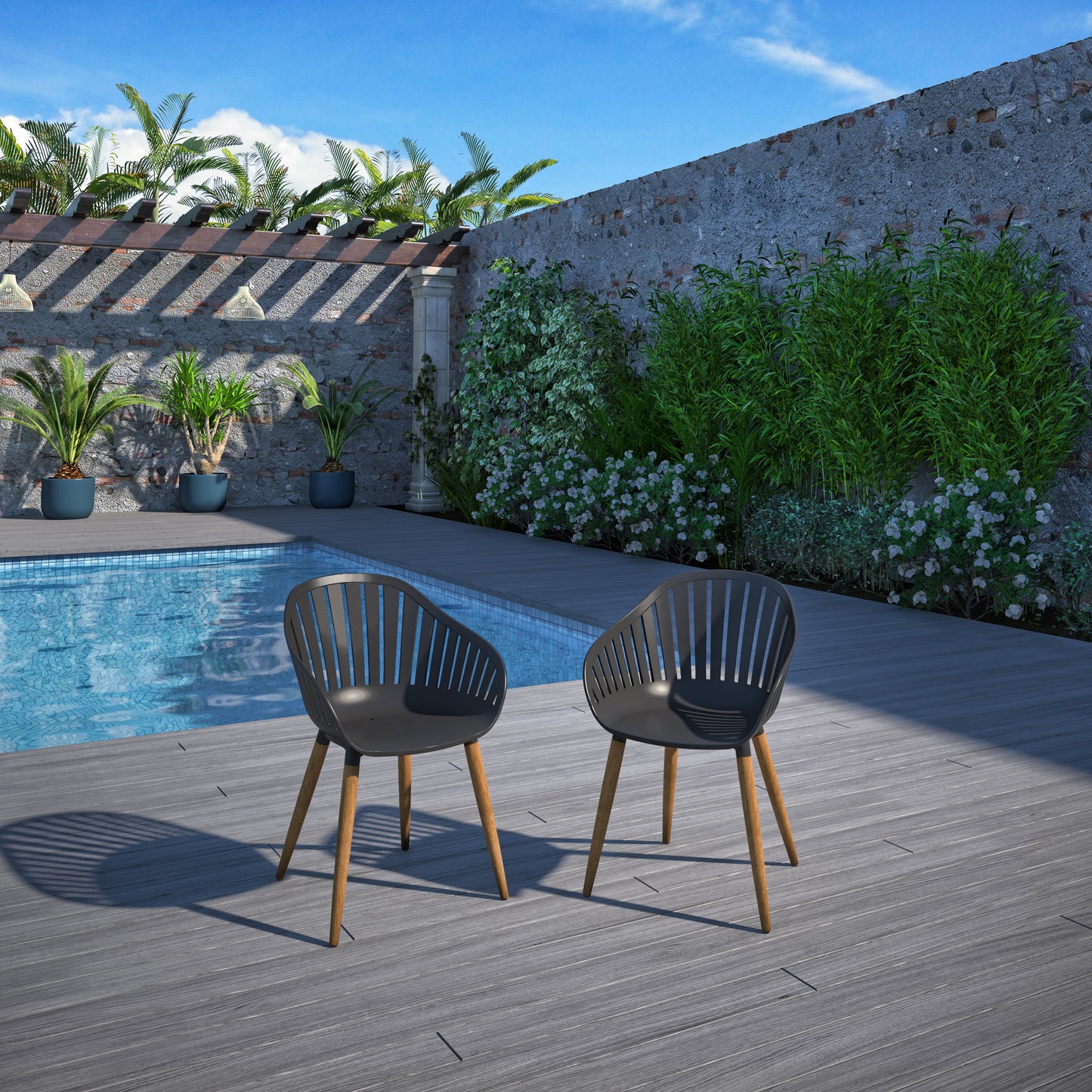 Patio Chairs | Teak Finish, Black Resin Seat | Outdoor Dining